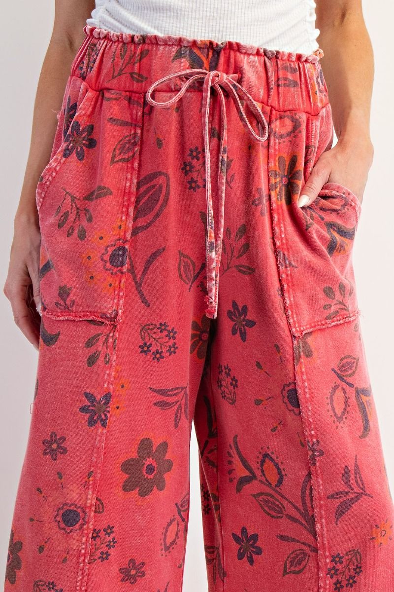 EASEL Floral Printed Washed Terry Pants Boho Red