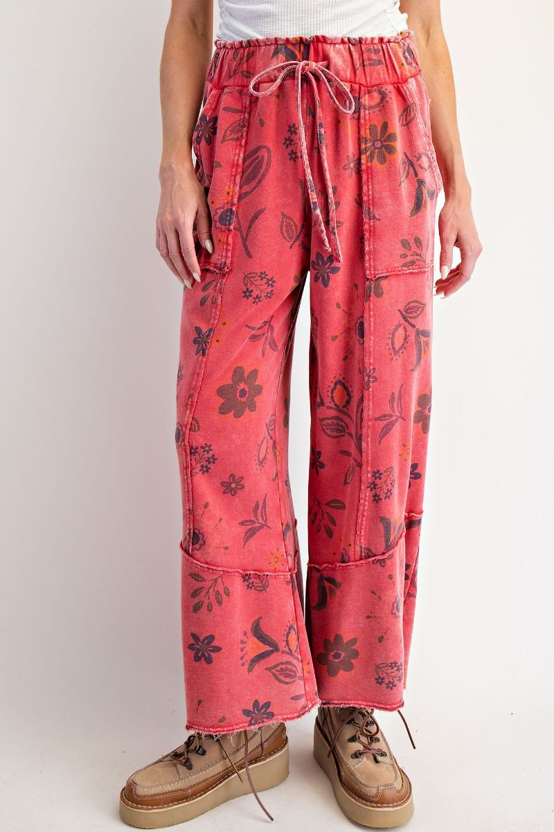 EASEL Floral Printed Washed Terry Pants Boho Red