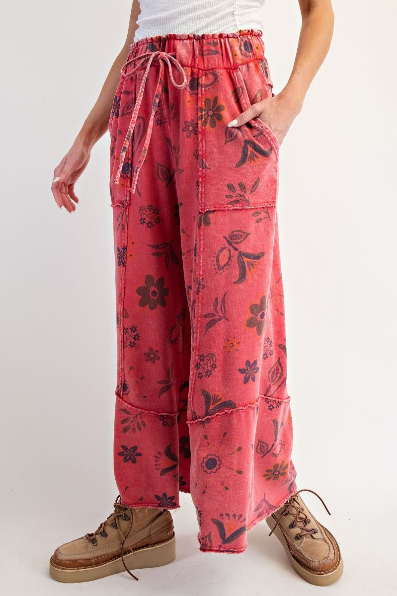 EASEL Floral Printed Washed Terry Pants Boho Red