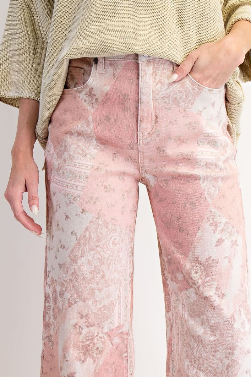 EASEL Patchwork Printed Stretch Twill Pants Vintage Rose