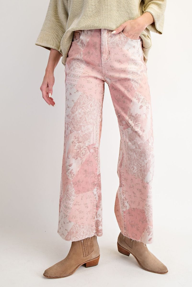 EASEL Patchwork Printed Stretch Twill Pants Vintage Rose