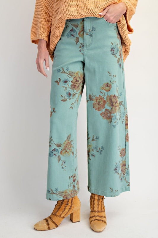 EASEL Flower Print Stretch Washed Twill Pants Mint