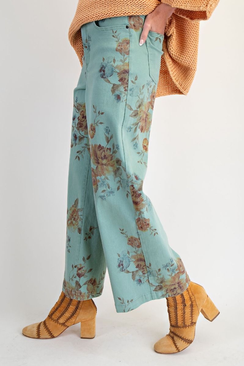 EASEL Flower Print Stretch Washed Twill Pants Mint
