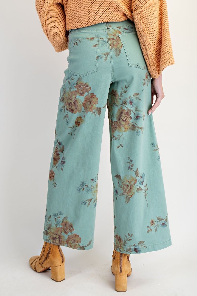 EASEL Flower Print Stretch Washed Twill Pants Mint