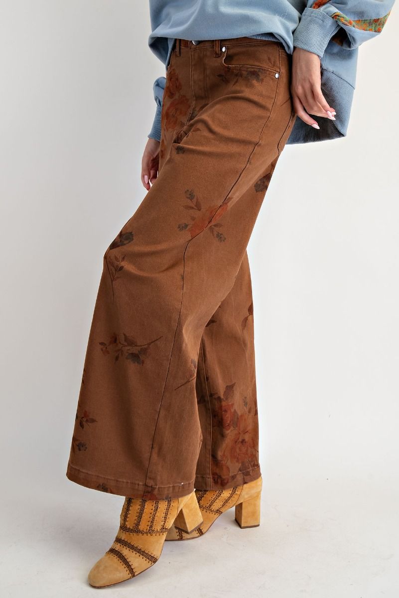 EASEL Flower Print Stretch Washed Twill Pants Mocha