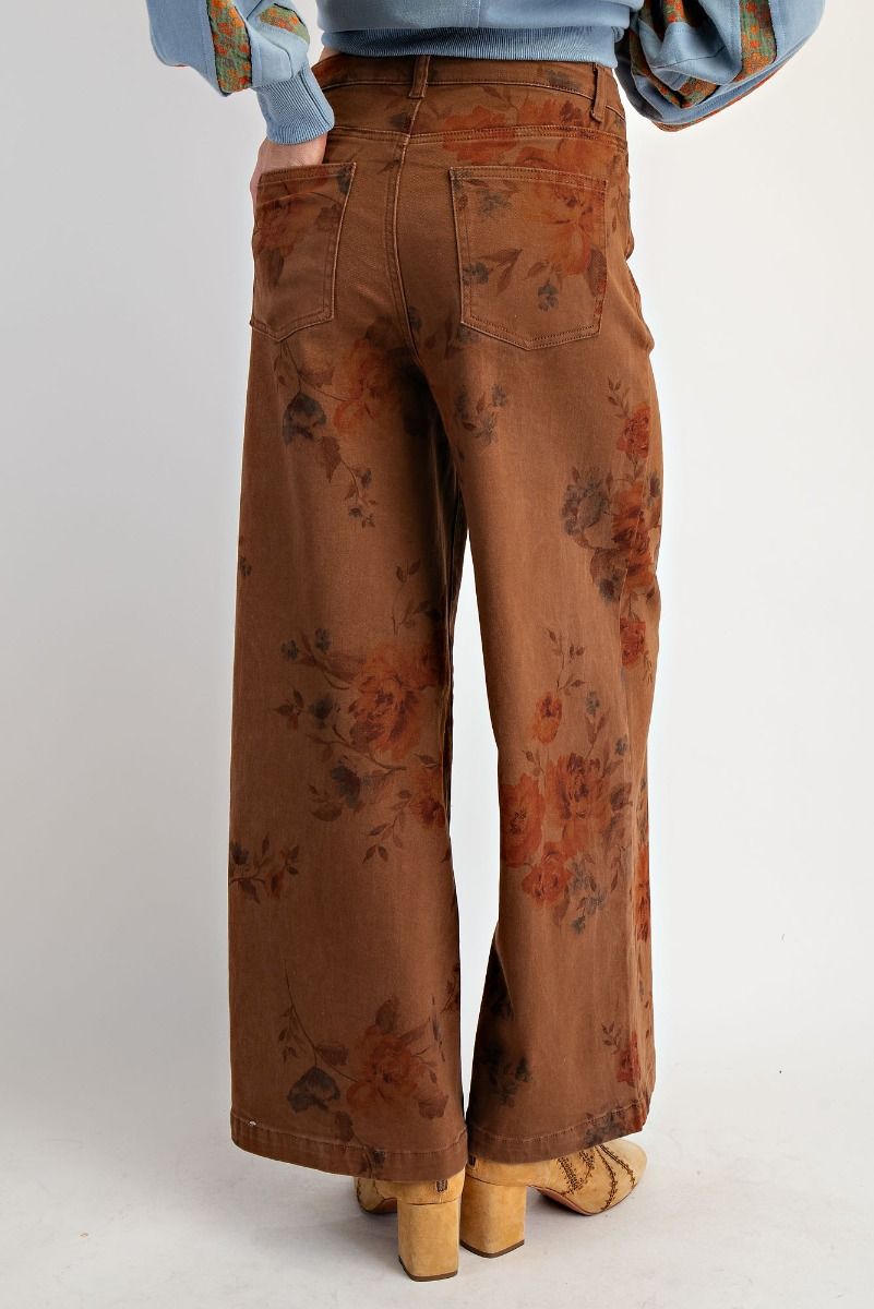 EASEL Flower Print Stretch Washed Twill Pants Mocha