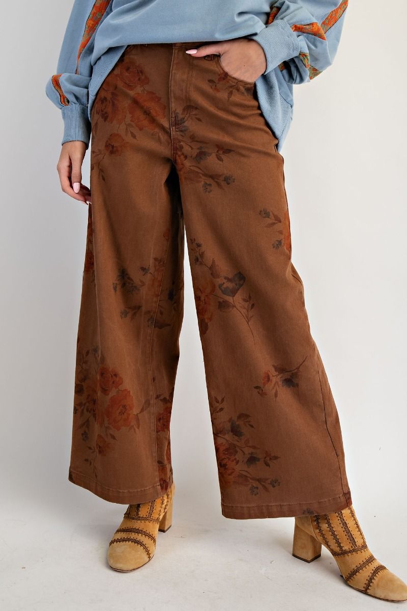 EASEL Flower Print Stretch Washed Twill Pants Mocha