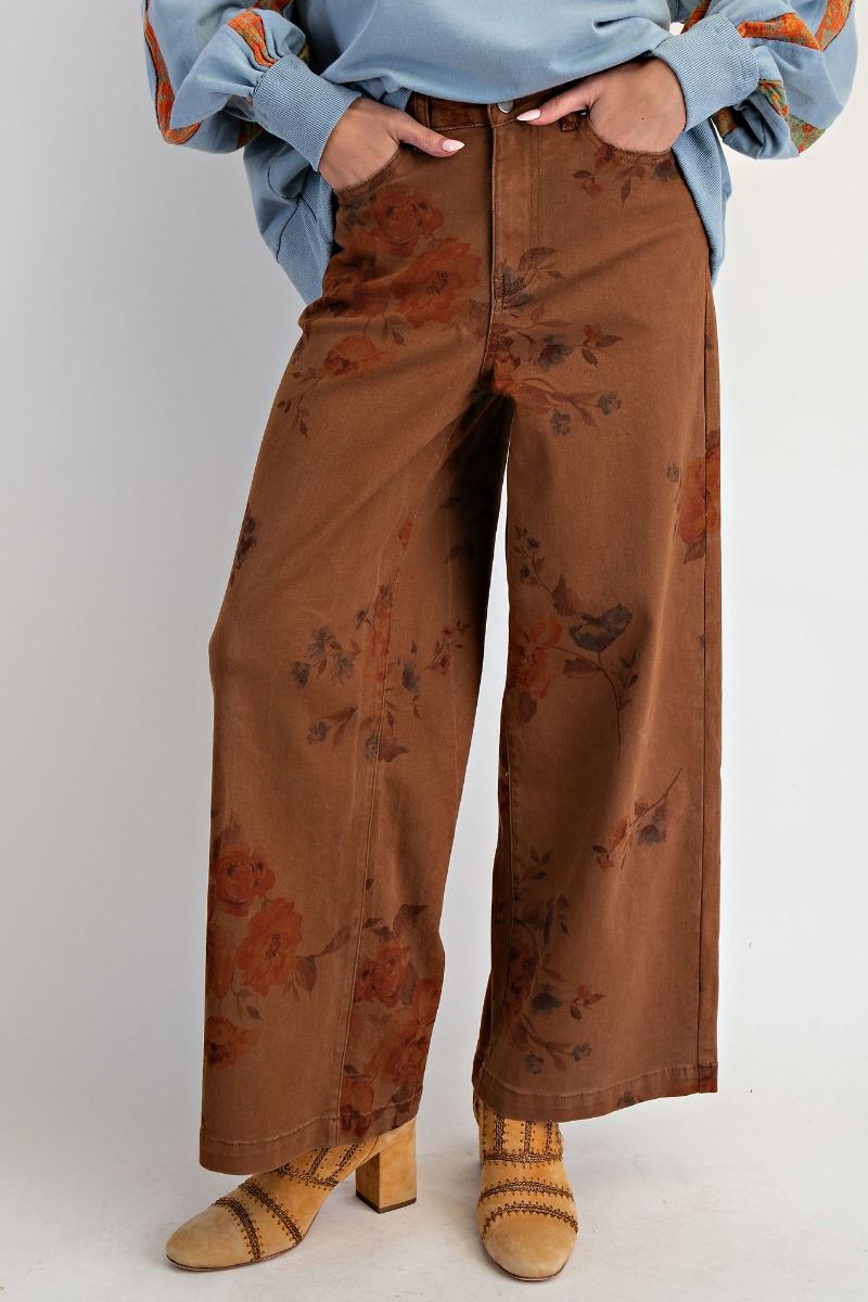 EASEL Flower Print Stretch Washed Twill Pants Mocha