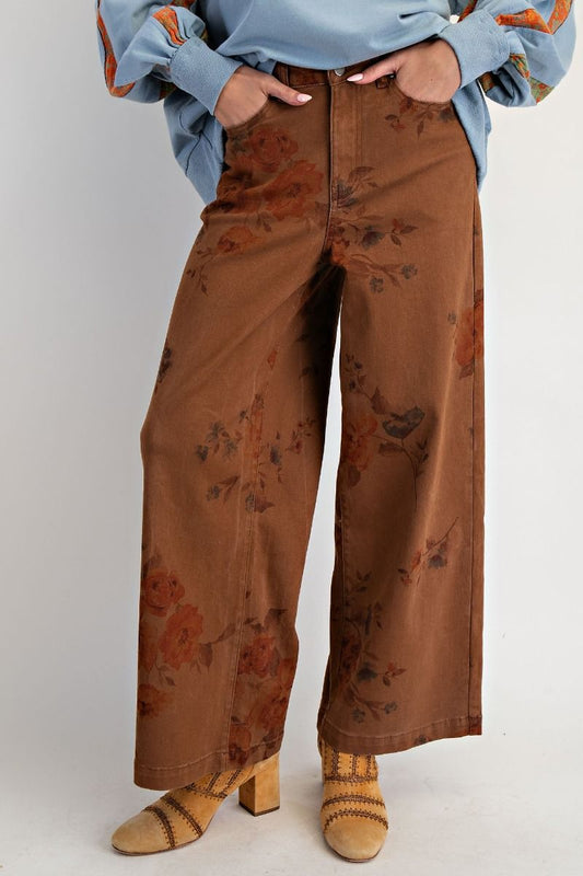 EASEL Flower Print Stretch Washed Twill Pants Mocha