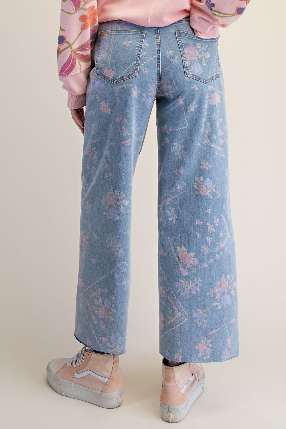 EASEL Denim Floral Cross Stitch Pants