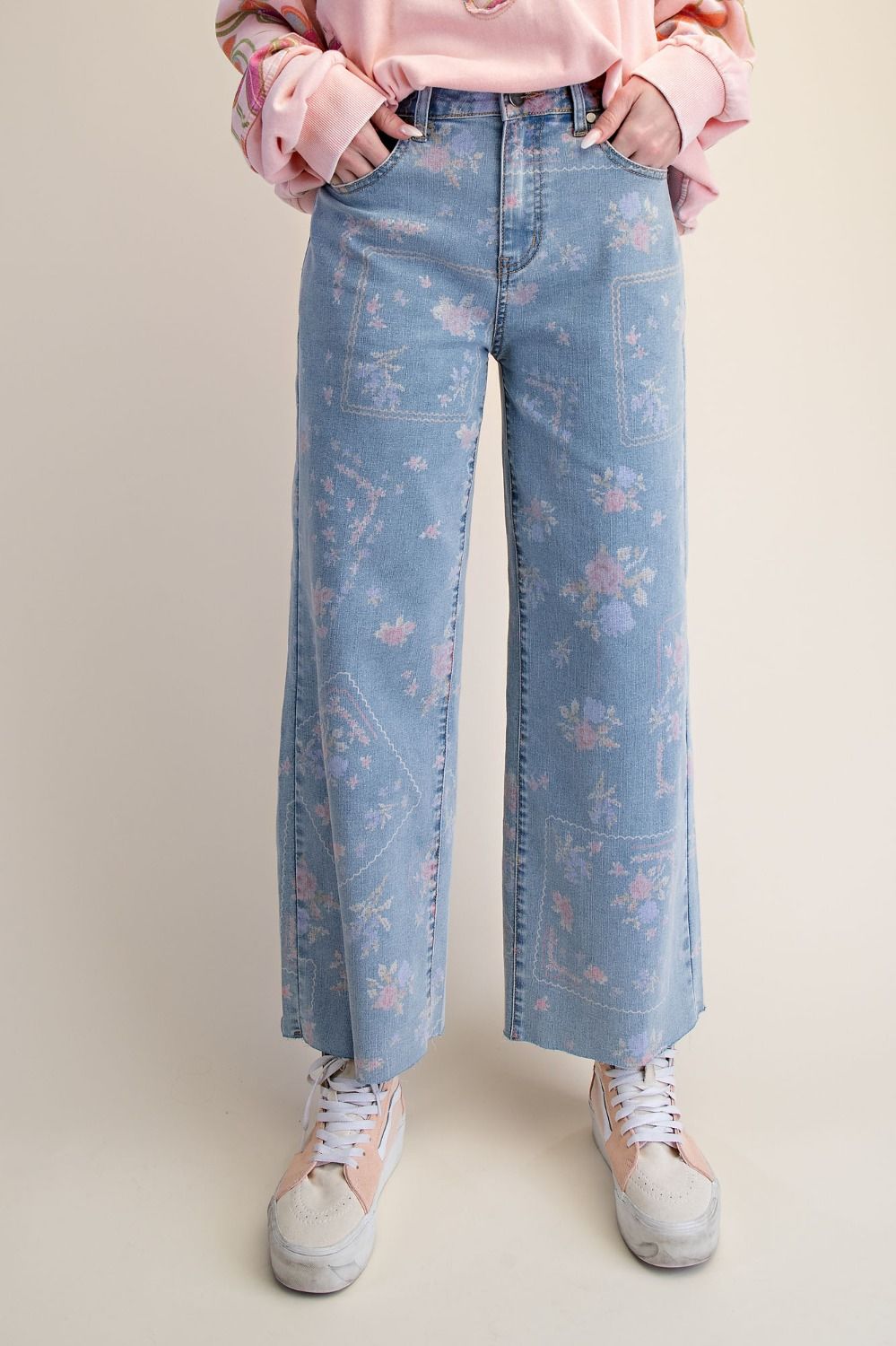 EASEL Denim Floral Cross Stitch Pants