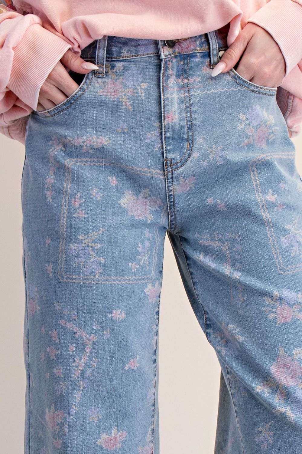 EASEL Denim Floral Cross Stitch Pants