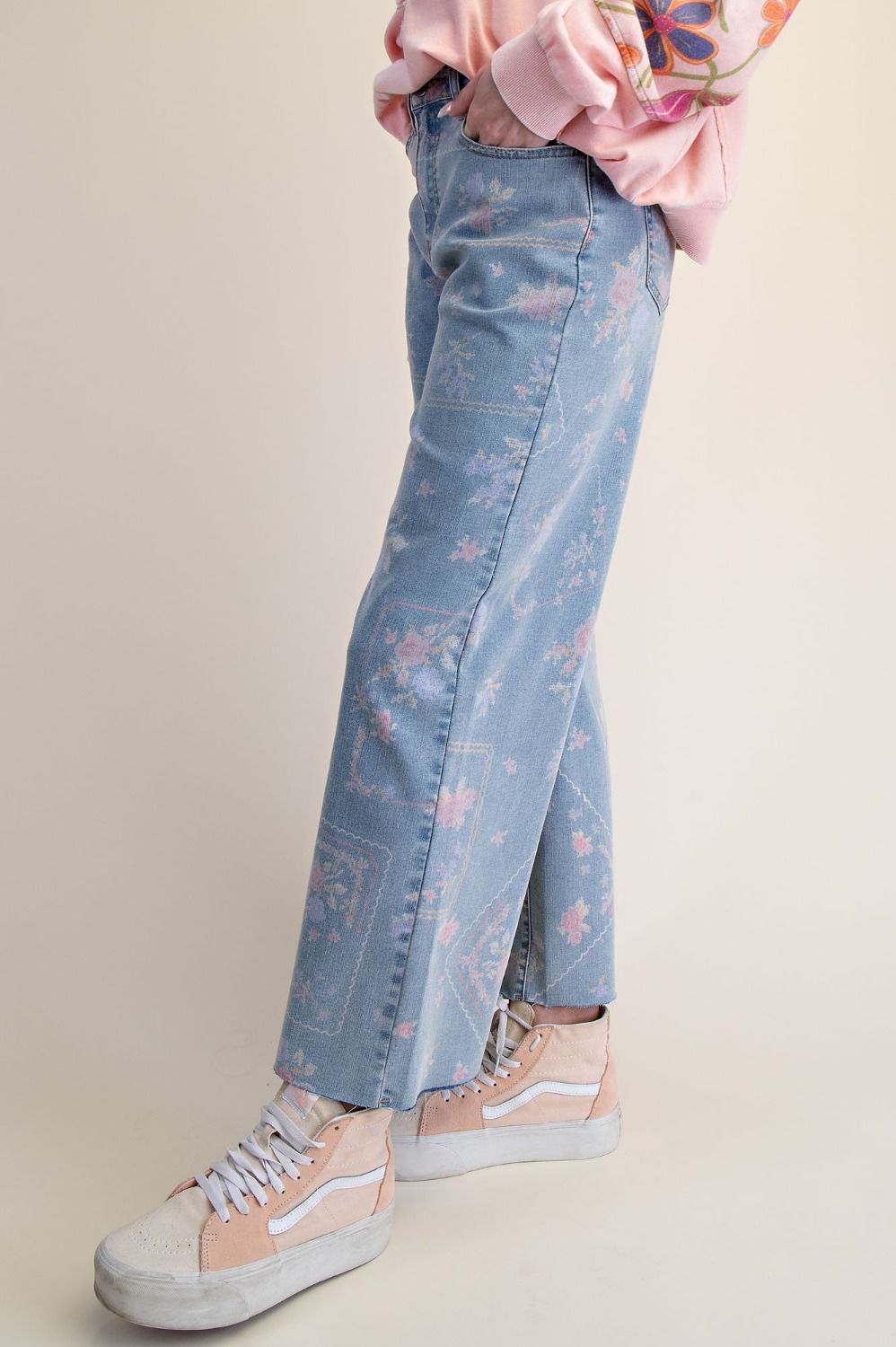EASEL Denim Floral Cross Stitch Pants