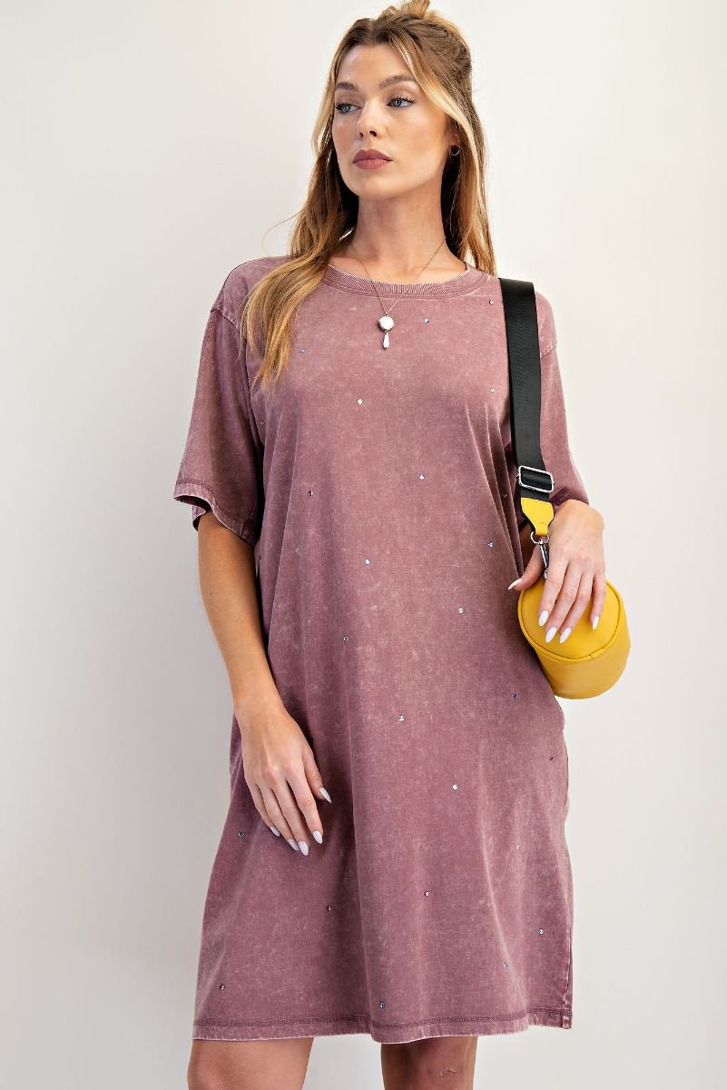 EASEL Rhinestone Mineral Washed Tunic Dress Dusty Mauve