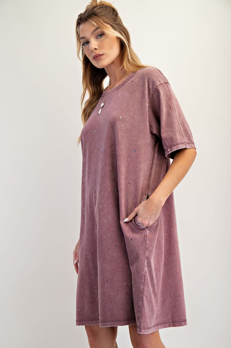 EASEL Rhinestone Mineral Washed Tunic Dress Dusty Mauve