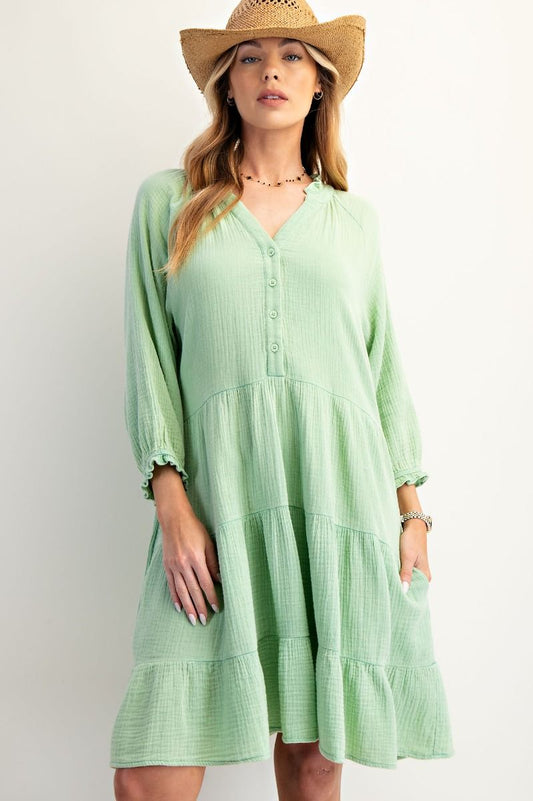 EASEL TIERED MINERAL WASHED COTTON GAUZE DRESS SAGE