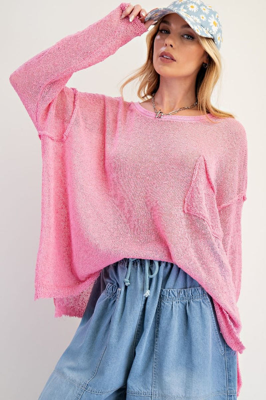 EASEL Long Sleeve Knitted Sweater Boxy Pullover Barbie Pink
