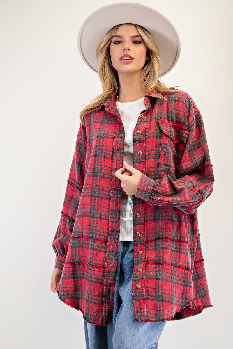 EASEL Mineral Washed Plaid Shirt Redfoam