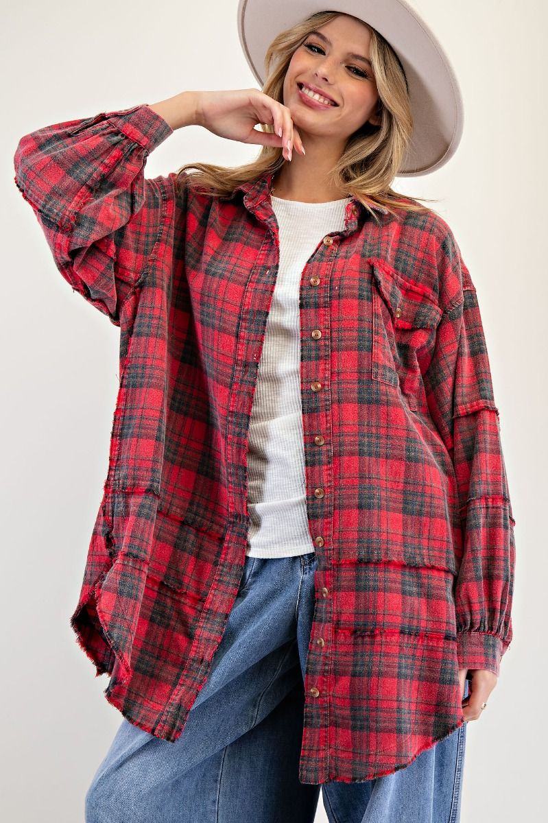 EASEL Mineral Washed Plaid Shirt Redfoam