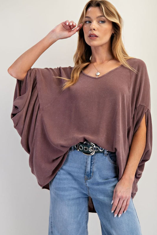 EASEL Mineral Washed Gauze Loose Fit Top Red Bean