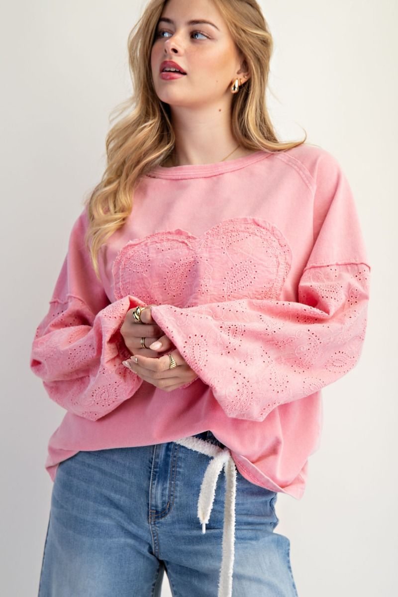 EASEL Cotton Candy Heart Terry Knit Pullover