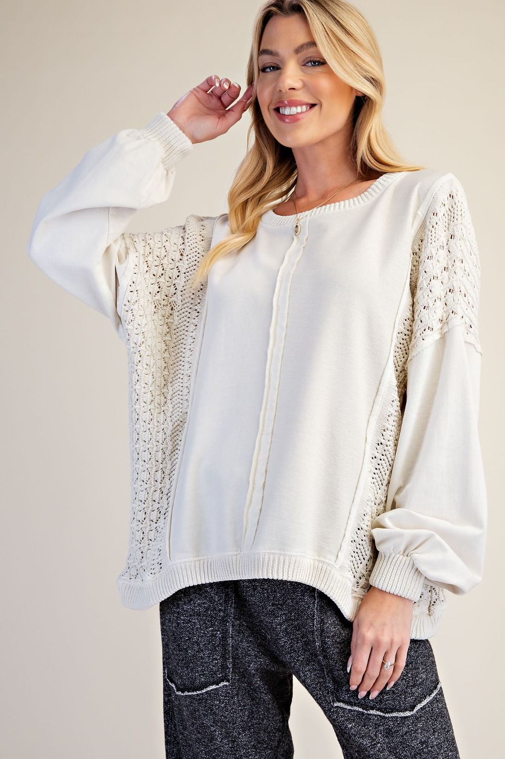 EASEL Ecru Crochet Terry Knit Pullover Top