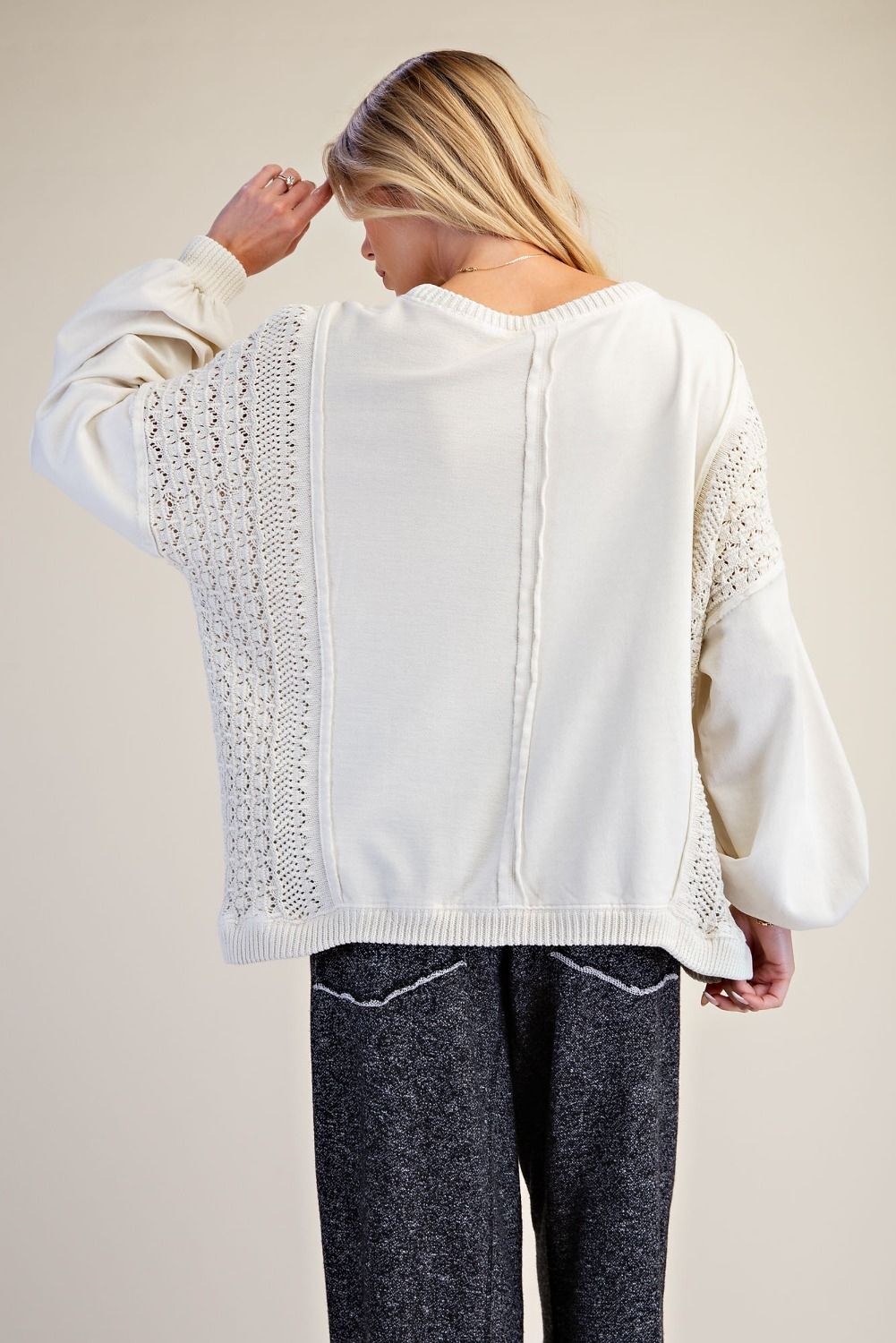 EASEL Ecru Crochet Terry Knit Pullover Top