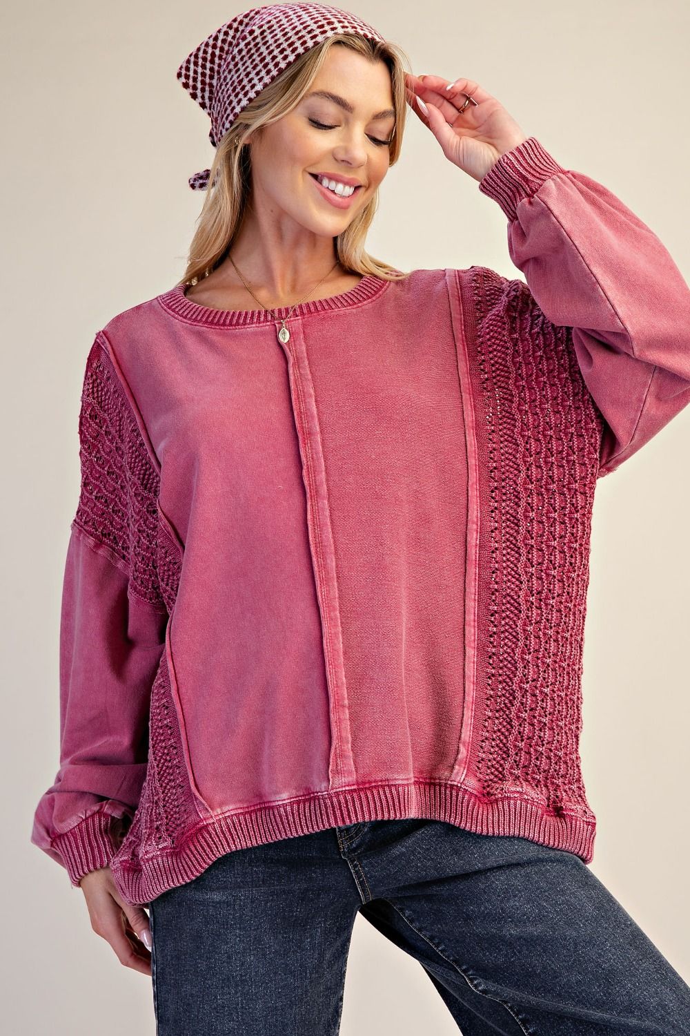 EASEL Raspberry Crochet Terry Knit Pullover Top