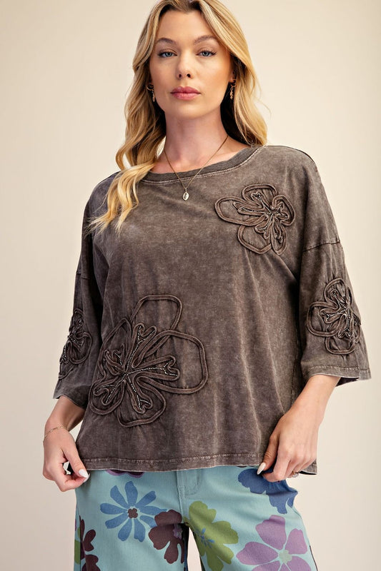 EASEL Mocha Embroider Flower Top