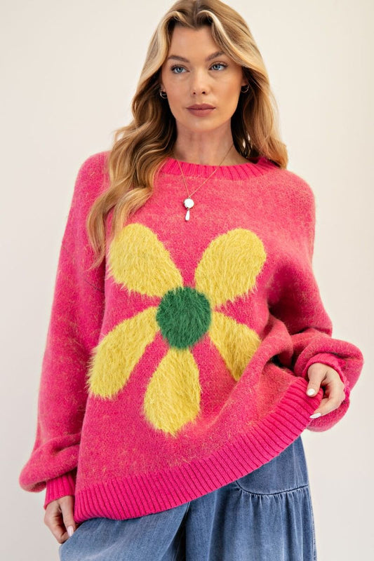 EASEL Daisy Front Knit Sweater Pullover Pink