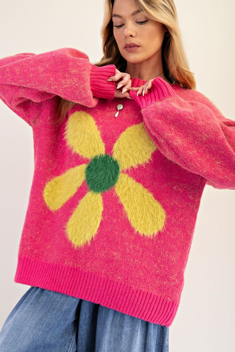 EASEL Daisy Front Knit Sweater Pullover Pink