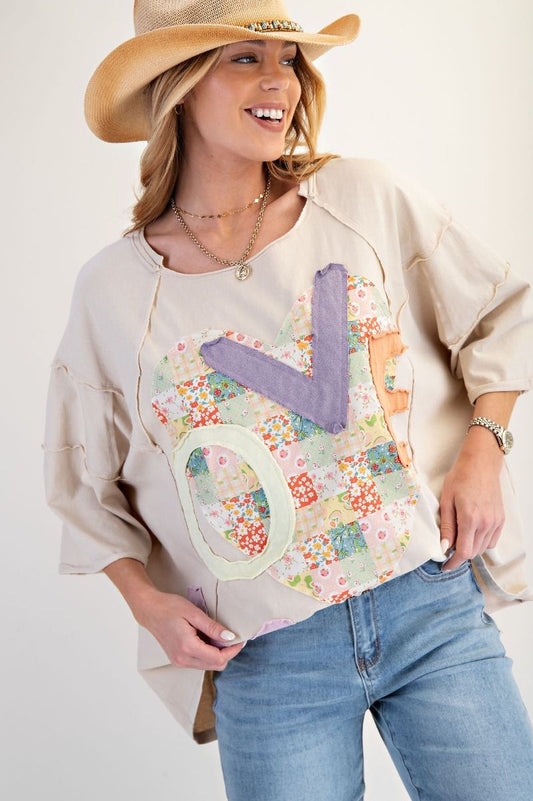 EASEL Love Patch Front Washed Oversized Boxy Top Light Khaki