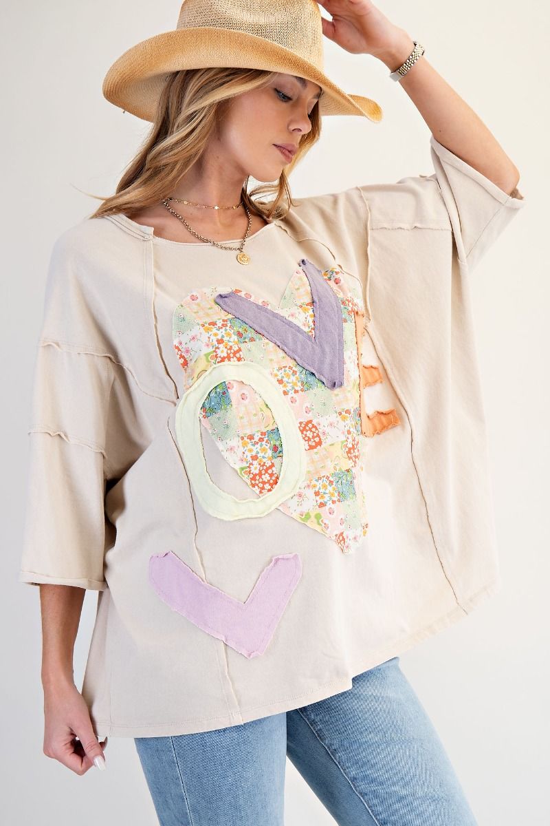 EASEL Love Patch Front Washed Oversized Boxy Top Light Khaki