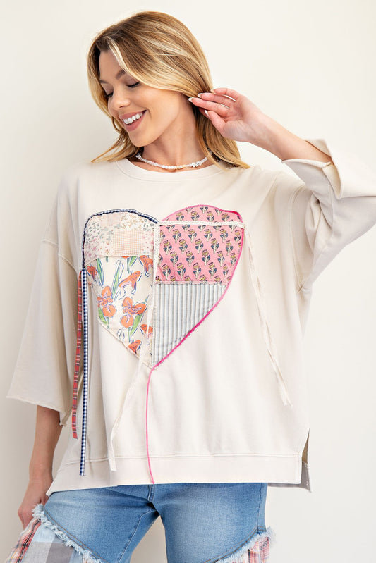 EASEL Heart Patch Mineral Washed Knit Top Ecru