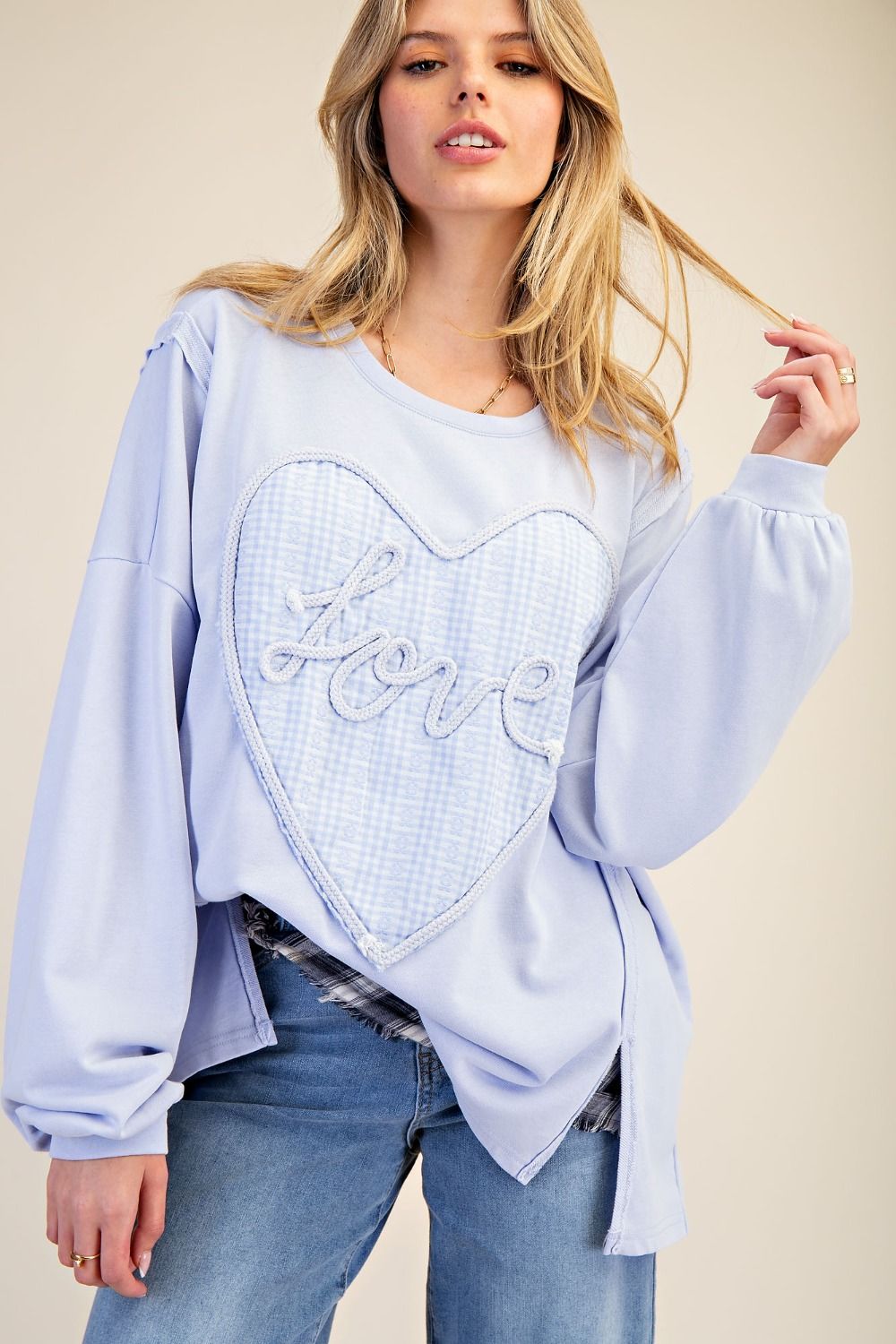 EASEL Heart Patch Terry Knit Pullover Love Dusty Blue