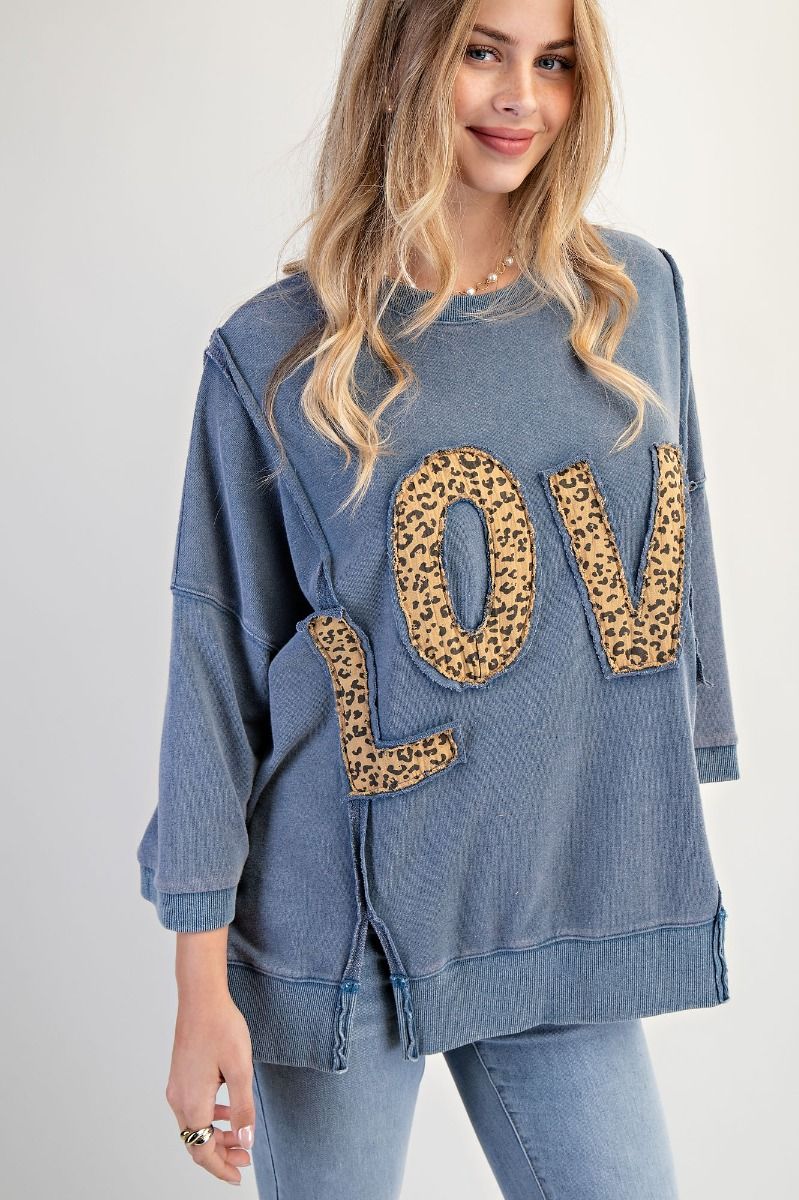 EASEL Animal Print Love Sweatshirt Washed Denim
