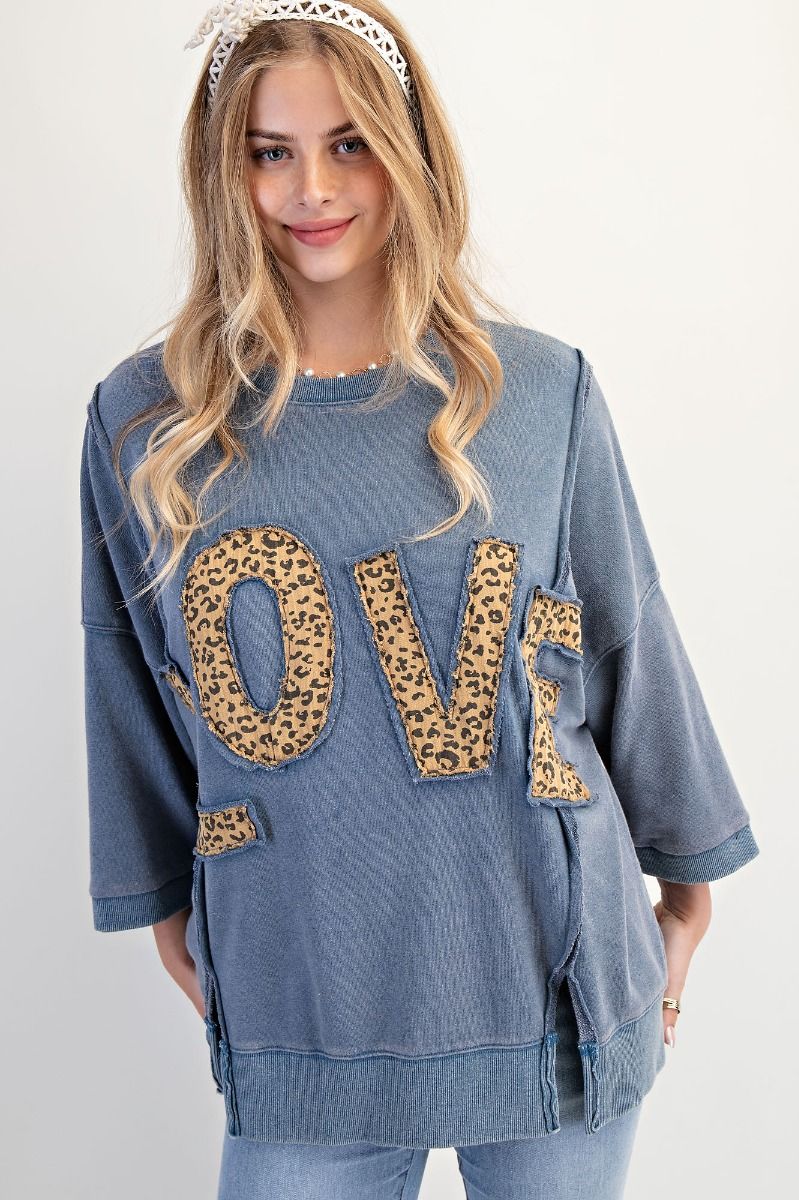 EASEL Animal Print Love Sweatshirt Washed Denim