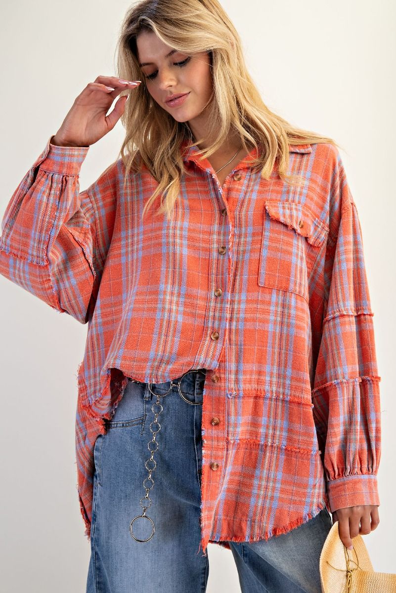 EASEL Washed Plaid Shirt Tunic Coral