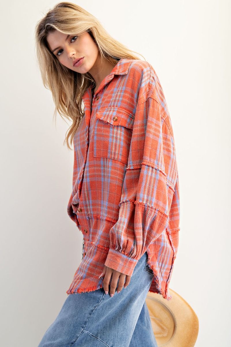 EASEL Washed Plaid Shirt Tunic Coral