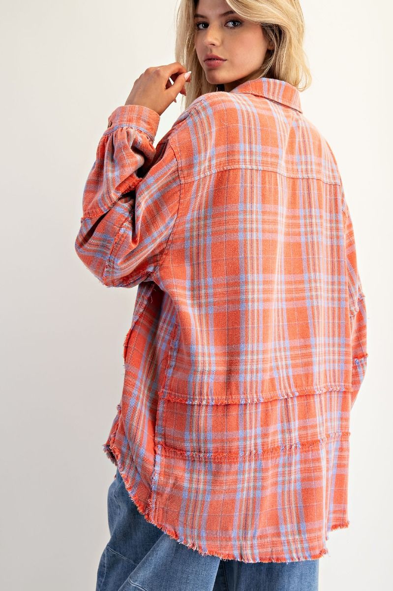 EASEL Washed Plaid Shirt Tunic Coral