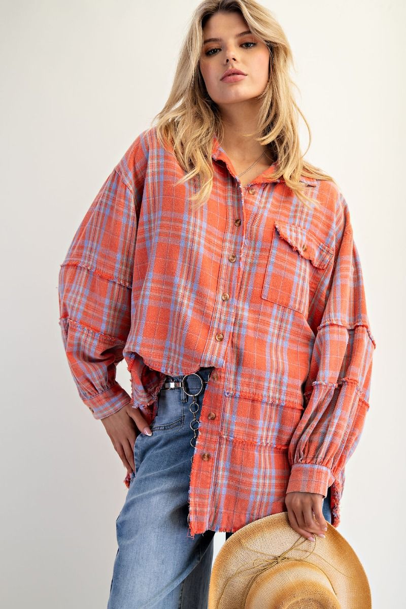 EASEL Washed Plaid Shirt Tunic Coral