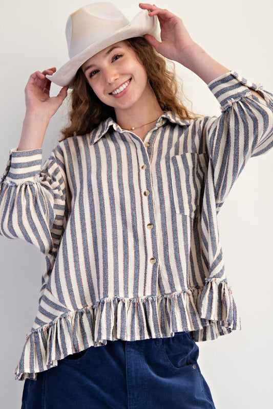 EASEL 3/4 Sleeve Stripe Linen Shirt