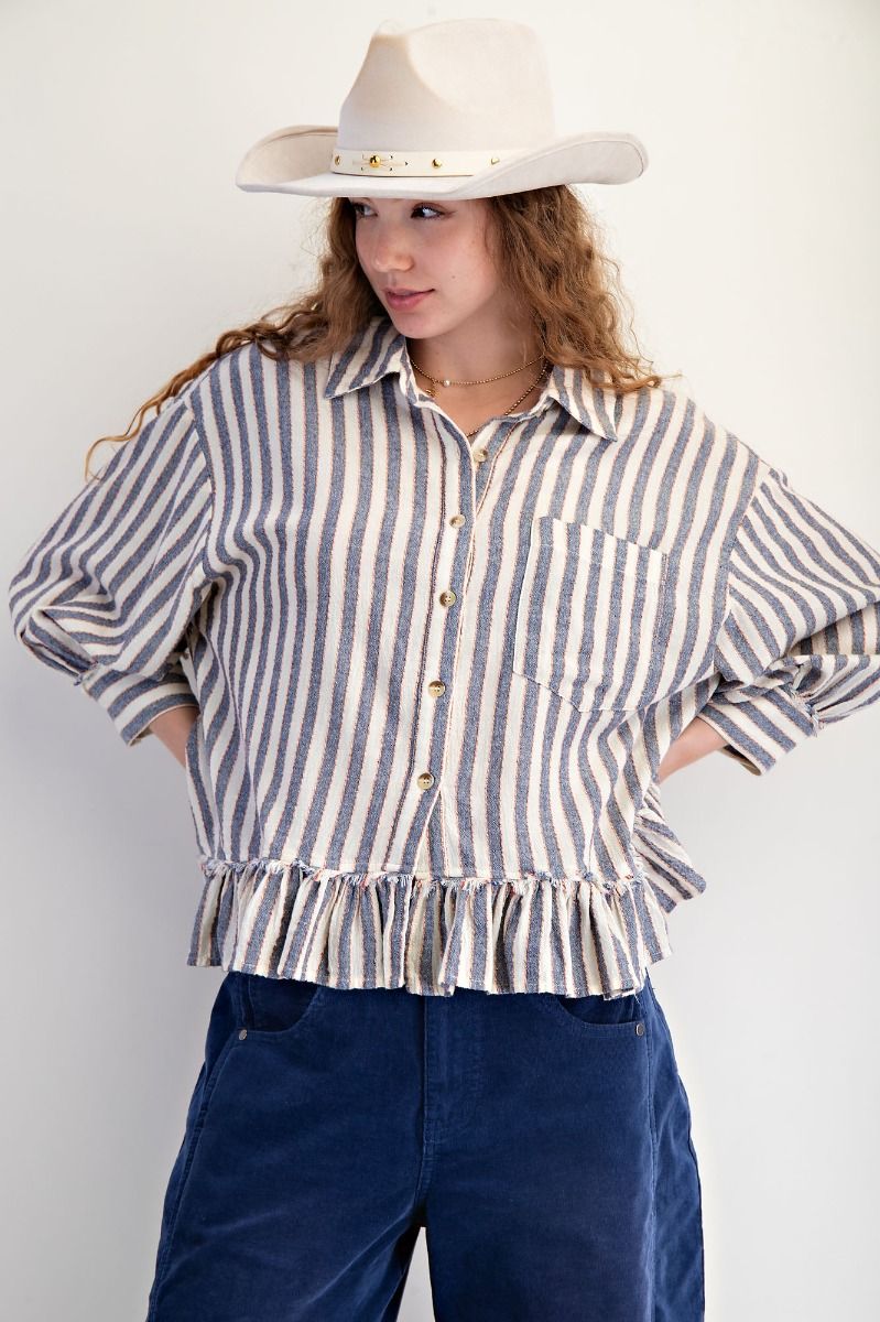 EASEL 3/4 Sleeve Stripe Linen Shirt