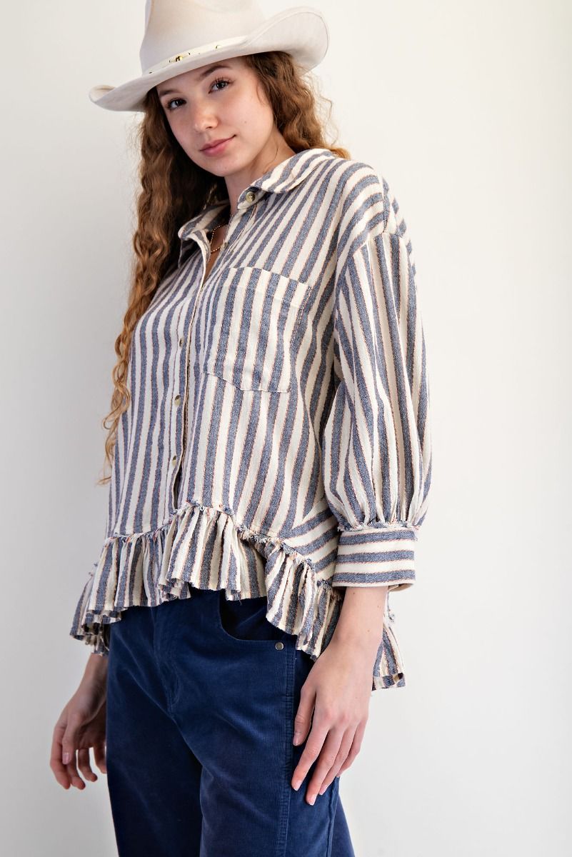 EASEL 3/4 Sleeve Stripe Linen Shirt