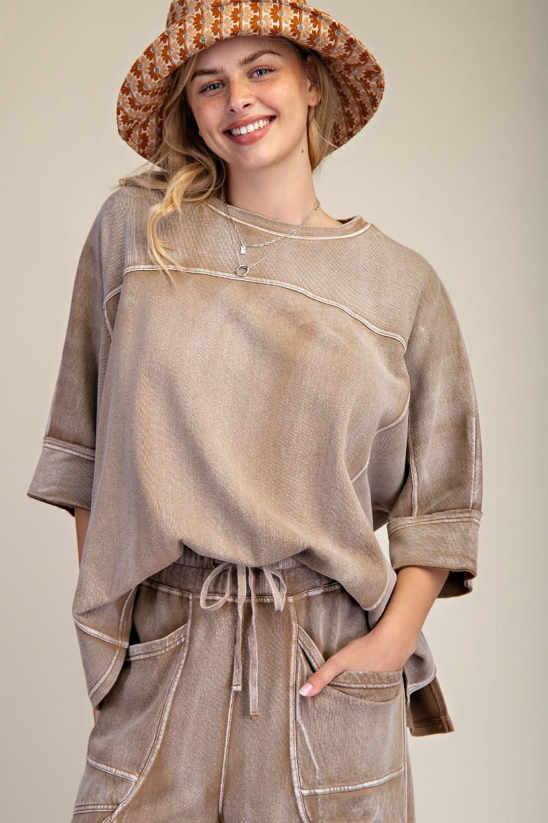 EASEL Monkey Washed Terry Knit Top Camel