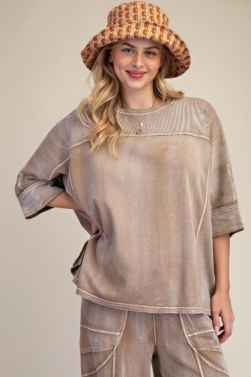 EASEL Monkey Washed Terry Knit Top Camel