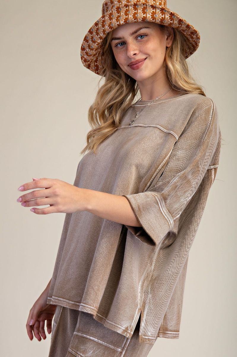 EASEL Monkey Washed Terry Knit Top Camel