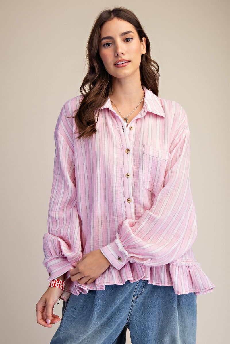 EASEL Pink Drink Striped Cotton Gauze Ruffle Top