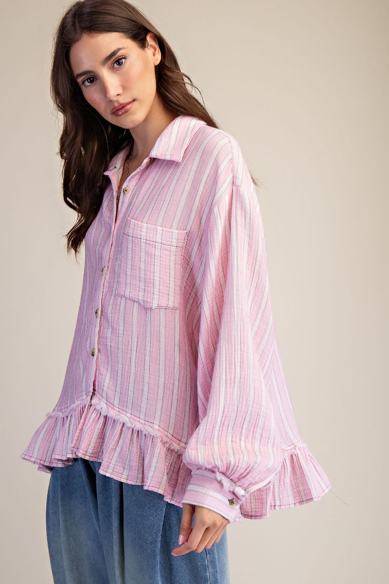 EASEL Pink Drink Striped Cotton Gauze Ruffle Top