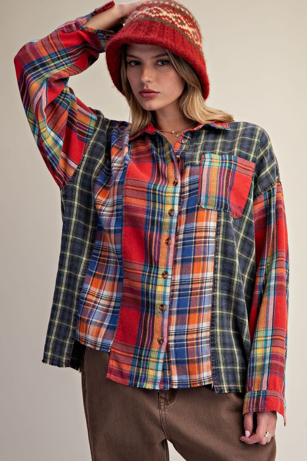 EASEL Navy Red Mix Plaid Button Down Shirt